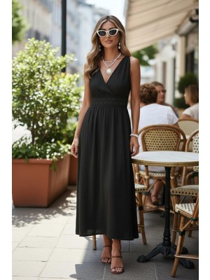 Mossta Kruvaze Yaka Belden Dantelli Uzun Bürümcük Elbise - Siyah