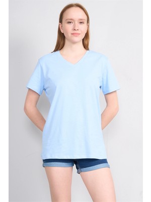 Çetinkaya Fithit 3265 Bayan V Yaka 30/1 Penye Regular Basic T-Shirt Bebe Mavi