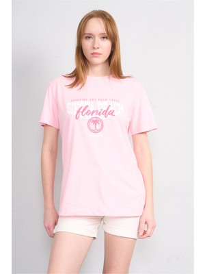 Çetinkaya Fithit 8861 Bayan Bisiklet Yaka Regular Baskılı T-Shirt Açık Pembe