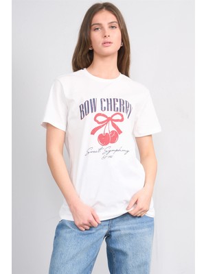 Çetinkaya Fithit 8880 Bayan Bisiklet Yaka Regular Baskılı T-Shirt Krem