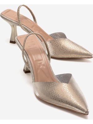 Luvi Renos Altın Desenli Sivri Burun Kadın Topuklu Abiye Ayakkabı