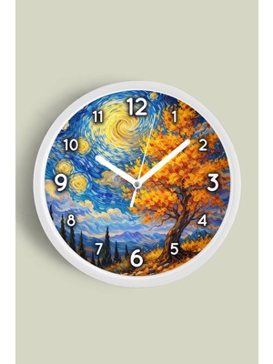 JHAAR Sonbahar Ağacı ve Gece Modern Duvar Saati - Büyük L 35 cm - Beyaz Kasa - Camlı Sessiz