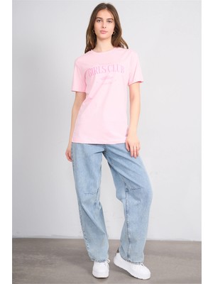 Çetinkaya Fithit 8941 Bayan Bisiklet Yaka Regular Baskılı T-Shirt Açık Pembe