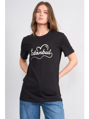 Çetinkaya Fithit 8443 Bayan Bisiklet Yaka Regular Baskılı T-Shirt Siyah