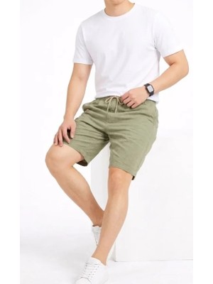 paris store Erkek Keten Kumaş Cepli Rahat Kesim Bel Lastikli Şort - Mint Yeşili