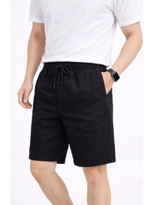 paris store Erkek Keten Kumaş Cepli Rahat Kesim Bel Lastikli Şort - Siyah