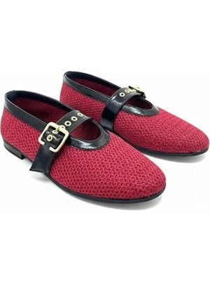 Ne&Ve Shoes Bordo File Dokuma Tek Bantlı Yuvarlak Burun Kadın Şık ve Rahat Babet