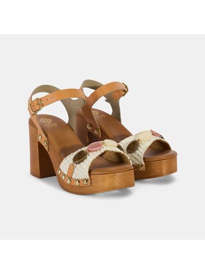 Desa Kadın Beyaz Renkli Taş Detaylı Topuklu Hasır Sandalet