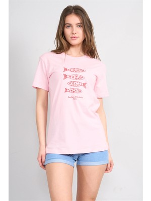 Çetinkaya Fithit 8883 Bayan Bisiklet Yaka Regular Baskılı T-Shirt Açık Pembe