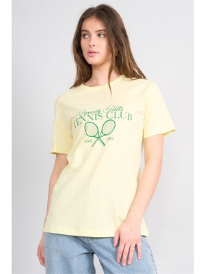 Çetinkaya Fithit 8940 Bayan Bisiklet Yaka Regular Baskılı T-Shirt Uçuk Sarı