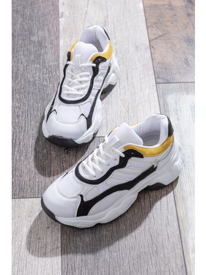 Tonny Black Kadın Spor Ayakkabı TB246 Beyaz - Siyah Düz Taban Suni Deri Konforlu Tasarım