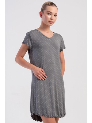 Vienetta Kadın Kısa Kol V Yaka Viskon Gri Gecelik C1T1NO0805