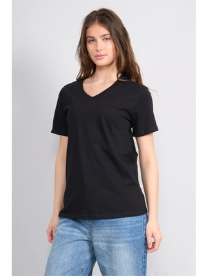 Çetinkaya Fithit 3265 Bayan V Yaka 30/1 Penye Regular Basic T-Shirt Siyah