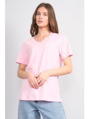 Çetinkaya Fithit 3265 Bayan V Yaka 30/1 Penye Regular Basic T-Shirt Açık Pembe