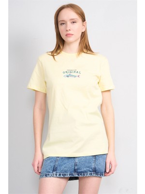 Çetinkaya Fithit 8914 Bayan Bisiklet Yaka Oversize Baskılı T-Shirt Uçuk Sarı