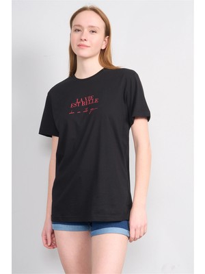 Çetinkaya Fithit 8858 Bayan Bisiklet Yaka Regular Baskılı T-Shirt Siyah