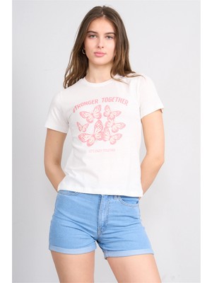 Çetinkaya Fithit 8839 Bayan Bisiklet Yaka Regular Baskılı T-Shirt Krem