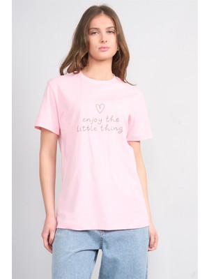 Çetinkaya Fithit 8943 Bayan Bisiklet Yaka Regular Baskılı T-Shirt Açık Pembe