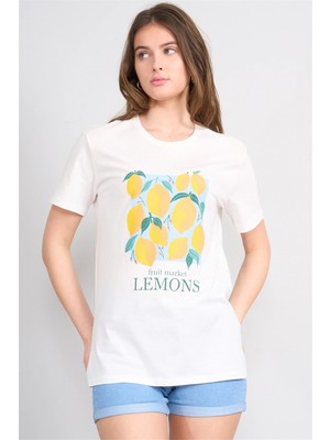 Çetinkaya Fithit 8900 Bayan Bisiklet Yaka Regular Baskılı T-Shirt Krem