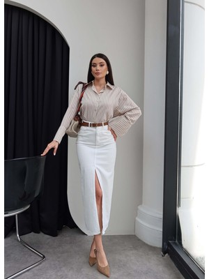 Esra Helvacı Kemerli Ön Yırtmaç Kot Uzun Etek