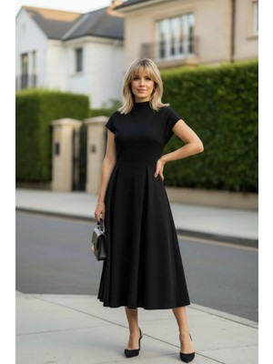 Mossta Günlük ve Özel Günlere Uygun Krep Kumaş Midi Elbise - Siyah