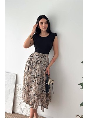 Neşeli Butik Kadın Bej Modern Kesim Vatkalı Asimetrik Kesim Mermer Desen Elbise NBK4593