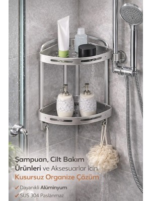 Bm House Bmhouse 2 Katlı Köşe Banyo Rafı Alüminyum Paslanmaz Duş Rafı Şampuanlık Köşe Organizer