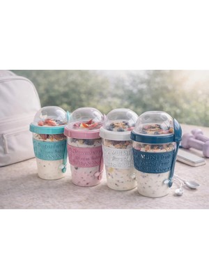 Bm House Bmhouse Kaşıklı Müsli Bardağı Bölmeli Yoğurt Kabı Granola Saklama Kabı Kapaklı Taşınabilir Kahvaltı Kupası