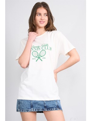 Çetinkaya Fithit 8940 Bayan Bisiklet Yaka Regular Baskılı T-Shirt Krem