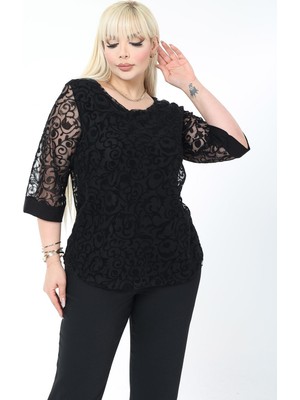 Modayız Büyük Beden Astarlı Siyah Esnek Bluz 37C-2780