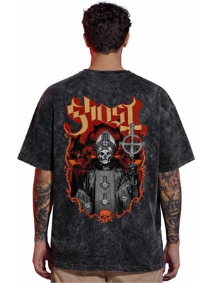 Sevbano Tasarım Ghost Rock Metal Müzik Grubu Sırt Baskılı Unisex Oversize Eskitme Yıkamalı Tişört