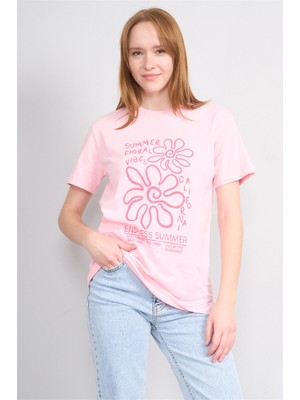 Çetinkaya Fithit 8867 Bayan Bisiklet Yaka Regular Baskılı T-Shirt Açık Pembe