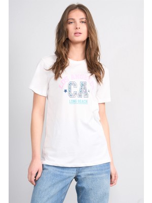 Çetinkaya Fithit 8892 Bayan Bisiklet Yaka Regular Baskılı T-Shirt Krem