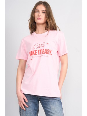 Çetinkaya Fithit 8942 Bayan Bisiklet Yaka Regular Baskılı T-Shirt Açık Pembe