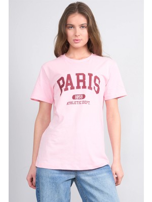 Çetinkaya Fithit 8939 Bayan Bisiklet Yaka Regular Baskılı T-Shirt Açık Pembe