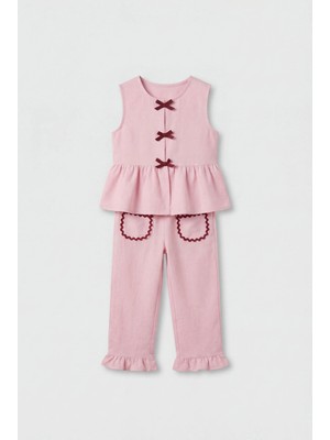 Magu Kız Çocuk Pamuklu Pudra Fiyonk Detaylı Bluz Pantolon Takım
