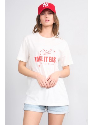 Çetinkaya Fithit 8942 Bayan Bisiklet Yaka Regular Baskılı T-Shirt Krem