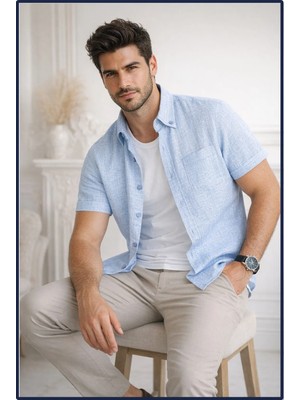 Varetta Erkek Gök Mavi Kısa Kollu Gömlek Keten Efektli Geniş Kesim Cepli Yaka Düğmeli
