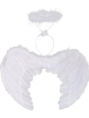 Erdo Ticaret Buğz Beyaz Renkli Tüylü Bebek Melek Kanadı ve Tacı 30X45 cm