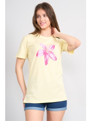Çetinkaya Fithit 8882 Bayan Bisiklet Yaka Regular Baskılı T-Shirt Uçuk Sarı
