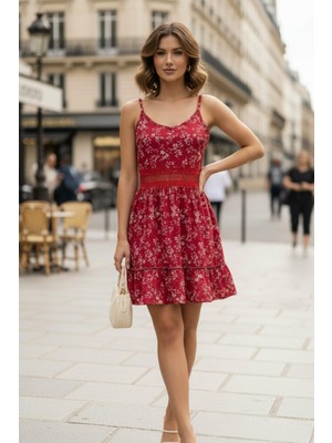 Mossta Fırfır Detaylı Askılı Desenli Süprem Elbise - Kırmızı