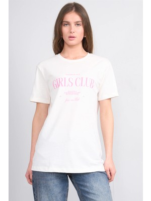 Çetinkaya Fithit 8941 Bayan Bisiklet Yaka Regular Baskılı T-Shirt Krem