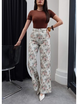 Esra Helvacı Çiçek Desen Yüksek Bel Wide Leg Jean