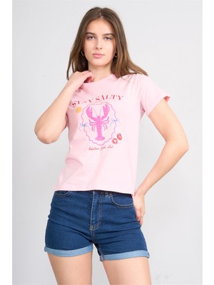 Çetinkaya Fithit 8842 Bayan Bisiklet Yaka Penye Regular Baskılı T-Shirt Açık Pembe