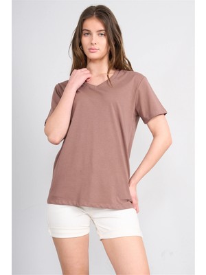 Çetinkaya Fithit 3265 Bayan V Yaka 30/1 Penye Regular Basic T-Shirt Kakao