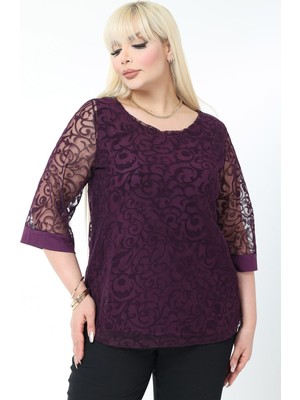 Modayız Büyük Beden Astarlı Mor Esnek Bluz 44B-2779