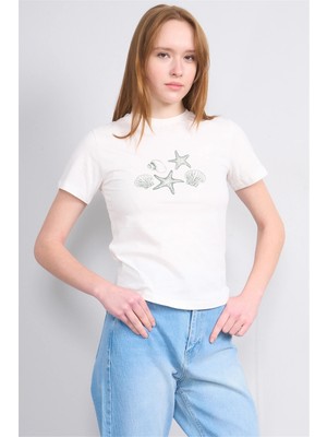 Çetinkaya Fithit 8865 Bayan Bisiklet Yaka Regular Baskılı T-Shirt Krem