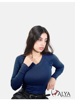 Alya Underwear Kaşkorse V Yaka Body Sweatshirt, Fitilli Kumaş, Likralı, Lacivert