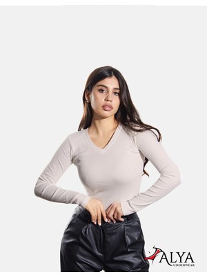 Alya Underwear Pamuklu Kaşkorse V Yaka Body Sweatshirt, Fitilli Kumaş Bluz Likralı, Ekru Badi