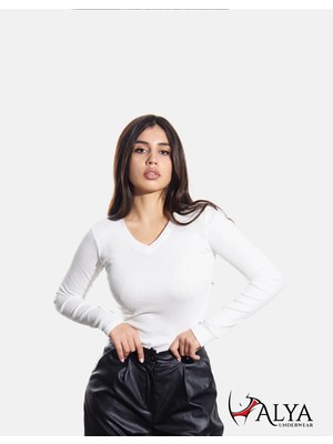 Alya Underwear Pamuklu Kaşkorse V Yaka Body Sweatshirt, Fitilli Kumaş Likralı Bluz, Beyaz Badi